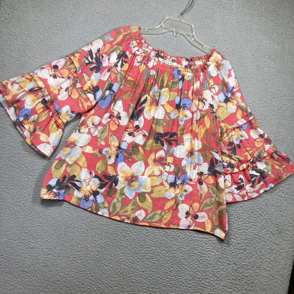 Zac & Rachel Floral Top Womens Medium Red Multi Ruffle Sleeve Off Shoulder Boho